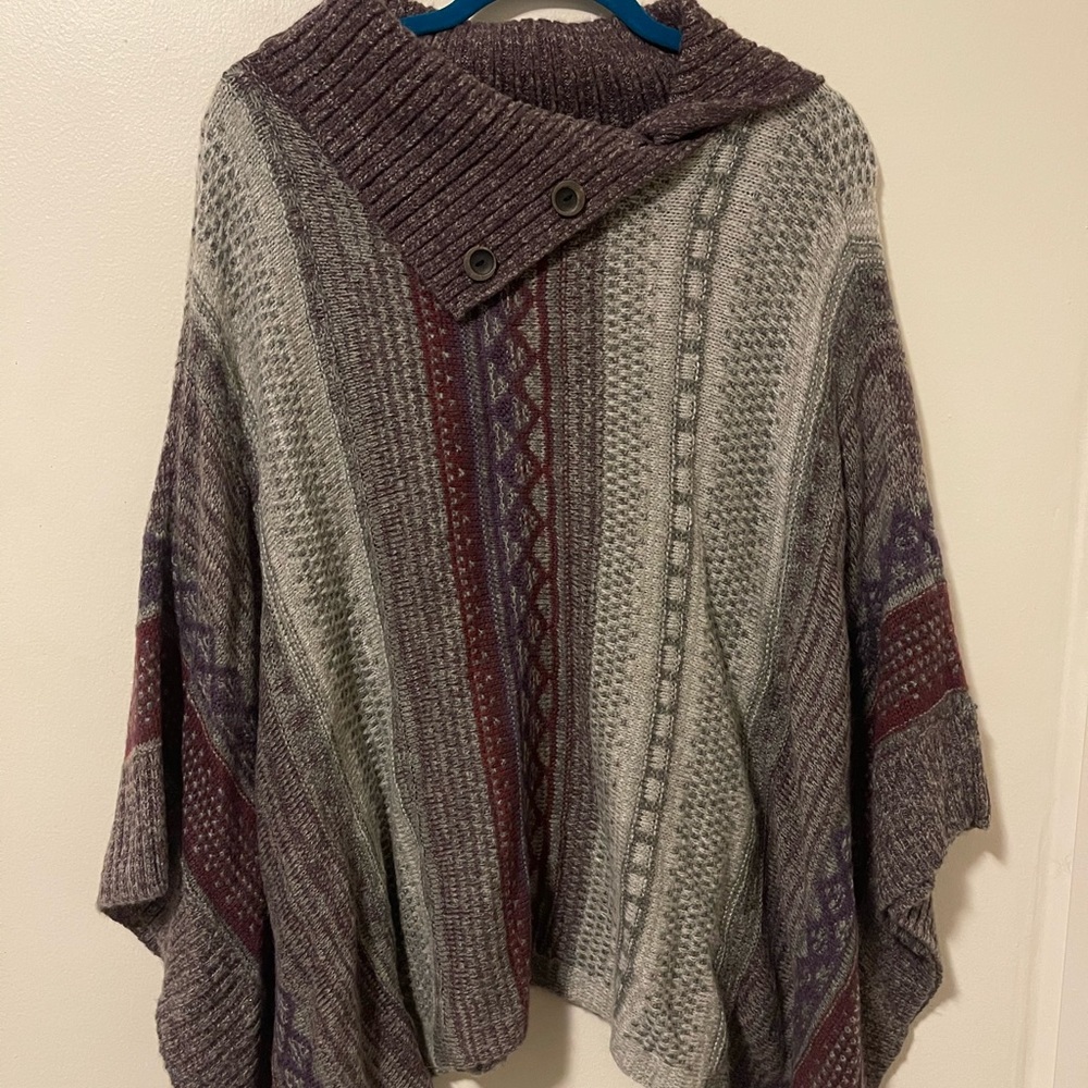 Ruff Hewn Purple Gray Poncho Sweater Asymmetrical Collar Wide Whimsical Sleeves